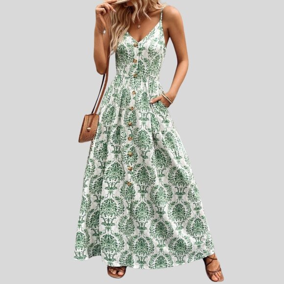 Boho Sleeveless V-Neck Casual Maxi Swing Dress Green - Picture 2 of 7